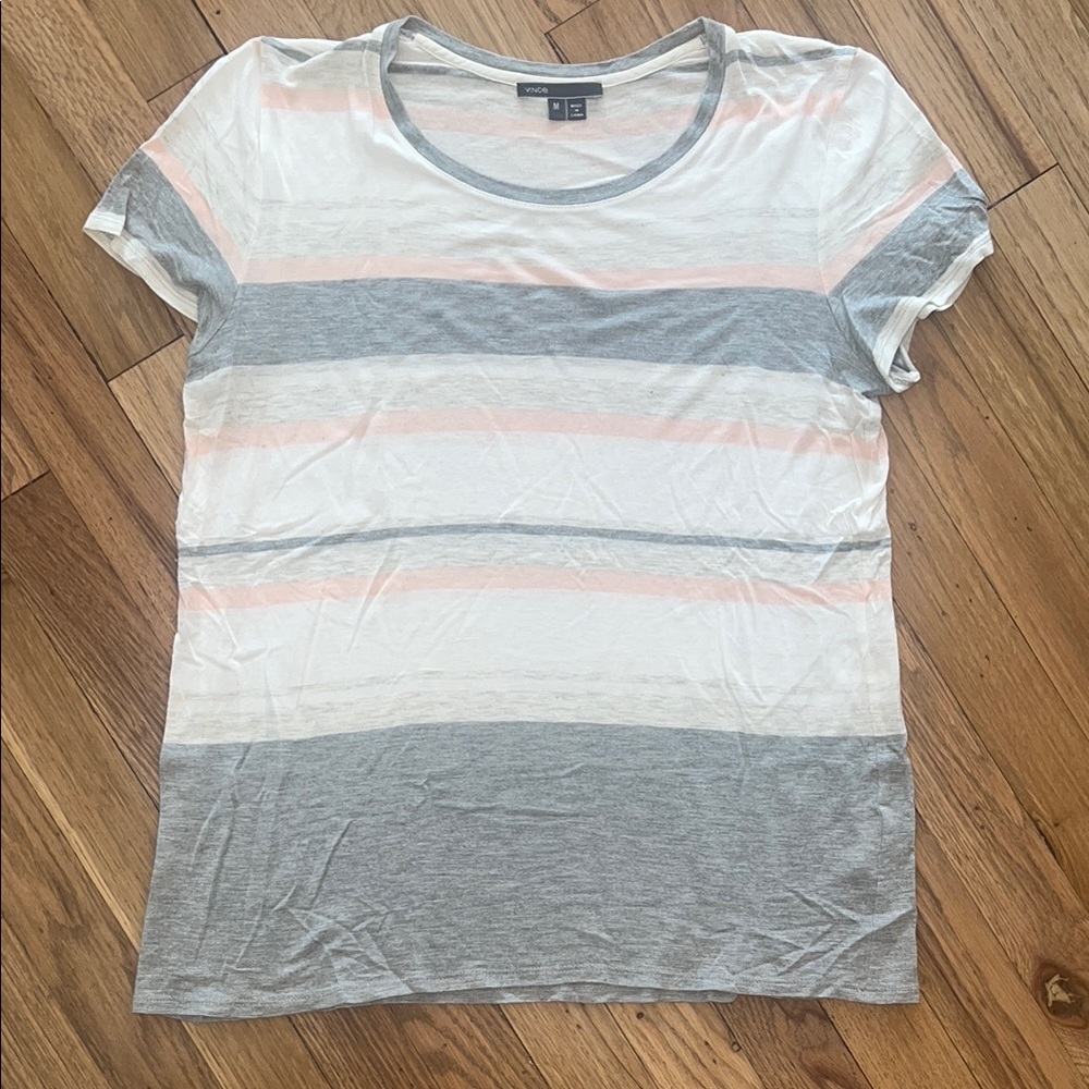 Vince Women's Striped Gray and White Tee Size Medium
